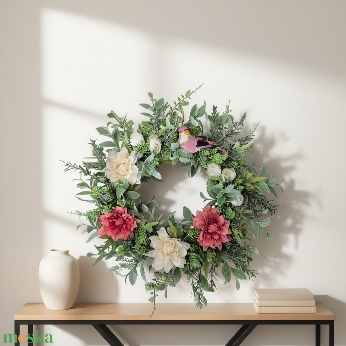 Virágos koszorú kismadárral- természetes hatású, élethű - otthon & életmód - dekoráció - ajtó- és ablak dekoráció - ajtódísz & kopogtató - Meska.hu