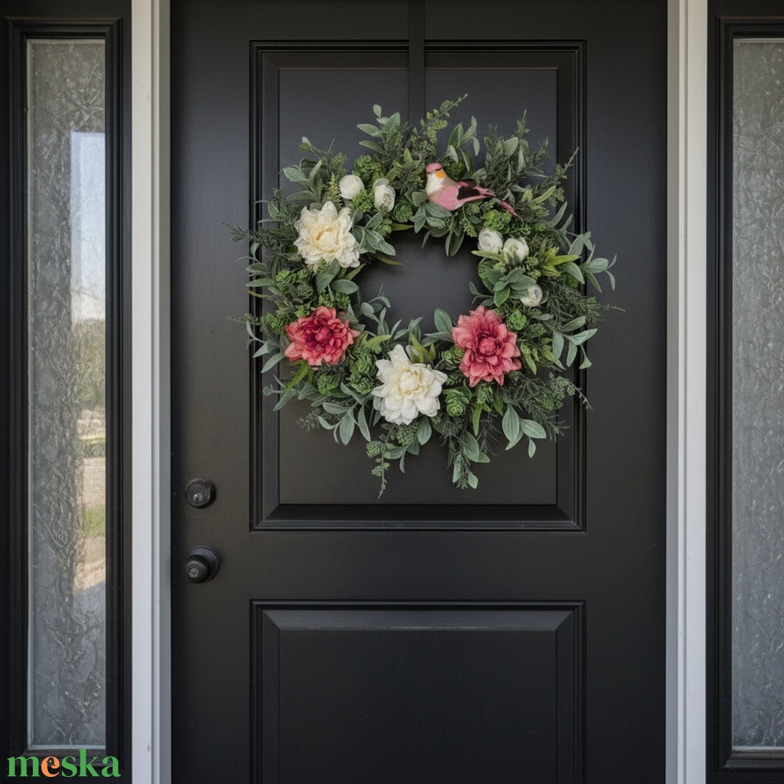 Virágos koszorú kismadárral- természetes hatású, élethű - otthon & életmód - dekoráció - ajtó- és ablak dekoráció - ajtódísz & kopogtató - Meska.hu