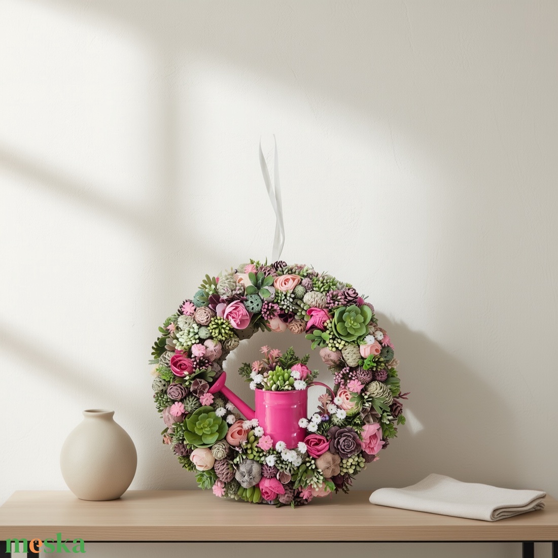 Virágos kézműves koszorú kannával - természetes hatású, élethű ajtódísz - otthon & életmód - dekoráció - ajtó- és ablak dekoráció - ajtódísz & kopogtató - Meska.hu