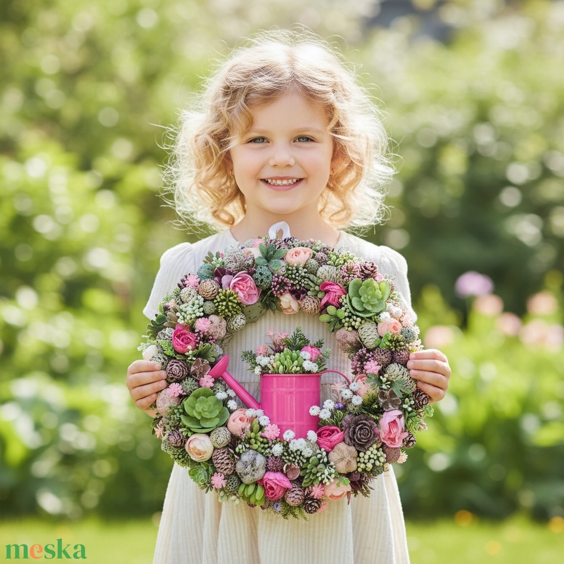Virágos kézműves koszorú kannával - természetes hatású, élethű ajtódísz - otthon & életmód - dekoráció - ajtó- és ablak dekoráció - ajtódísz & kopogtató - Meska.hu