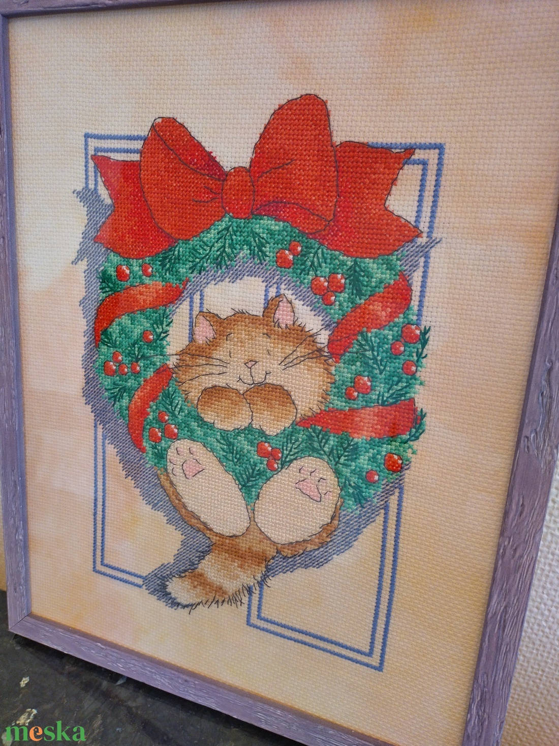 Karácsonyi Macska - művészet - textilkép - keresztszemes - Meska.hu