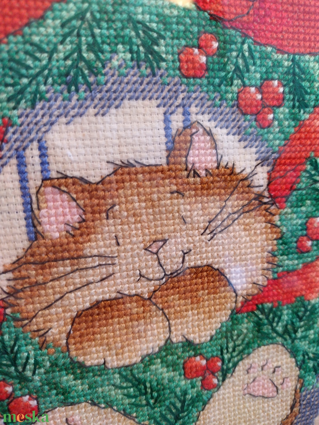 Karácsonyi Macska - művészet - textilkép - keresztszemes - Meska.hu