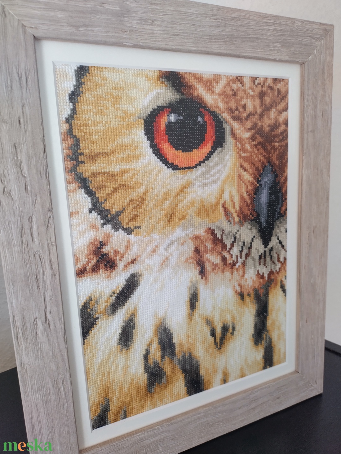 Ragyogó szemű bagoly - művészet - textilkép - keresztszemes - Meska.hu