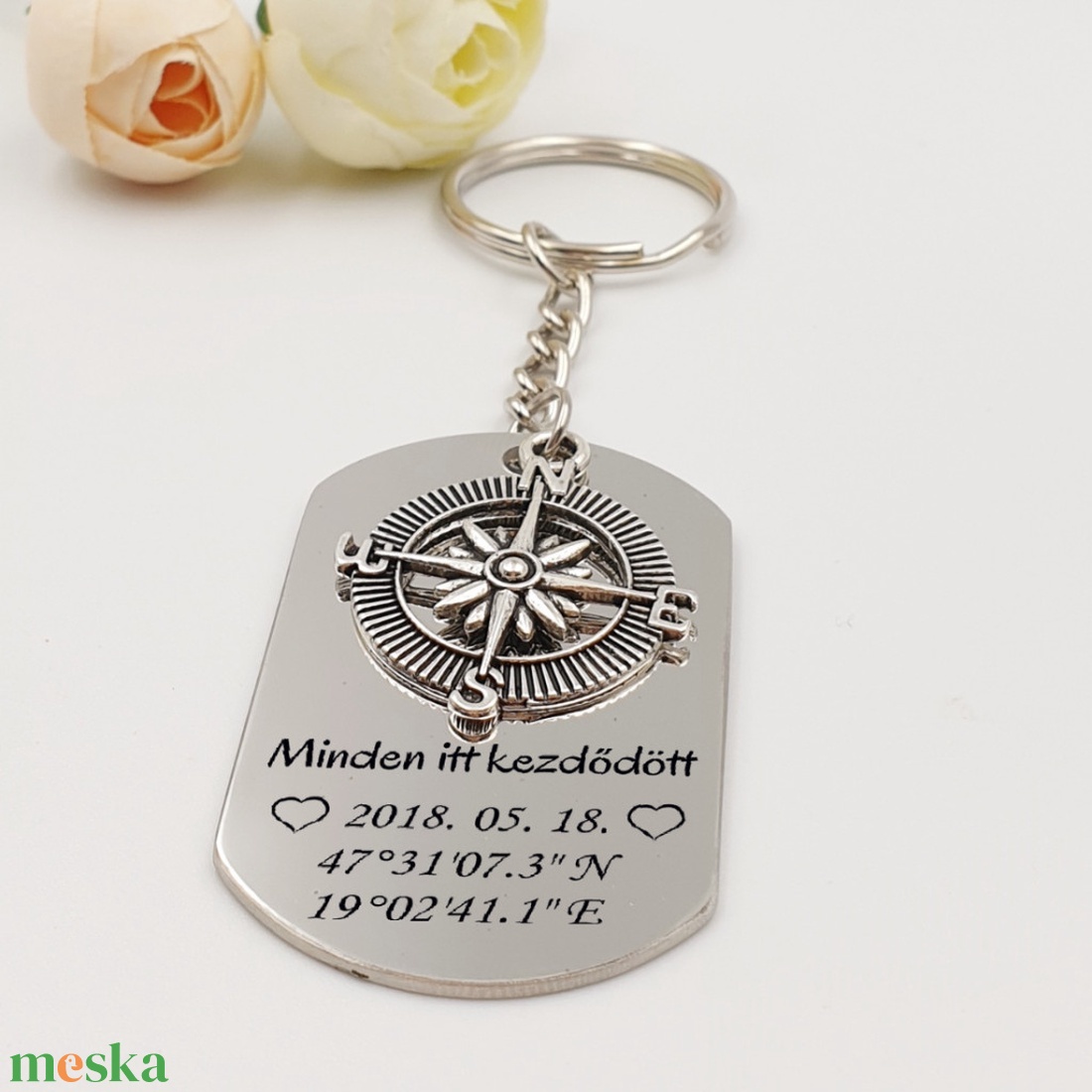 Gravírozott kulcstartó GPS koordinátákkal, egyedi dátummal - Minden itt kezdődött... l - táska & tok - kulcstartó & táskadísz - kulcstartó - Meska.hu