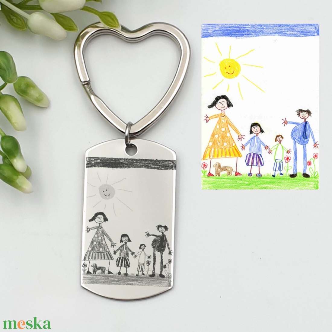 Gyerekrajzos kulcstartó - saját rajzzal (téglalap medál szív alapon). Anyák napi ajándék - táska & tok - kulcstartó & táskadísz - kulcstartó - Meska.hu