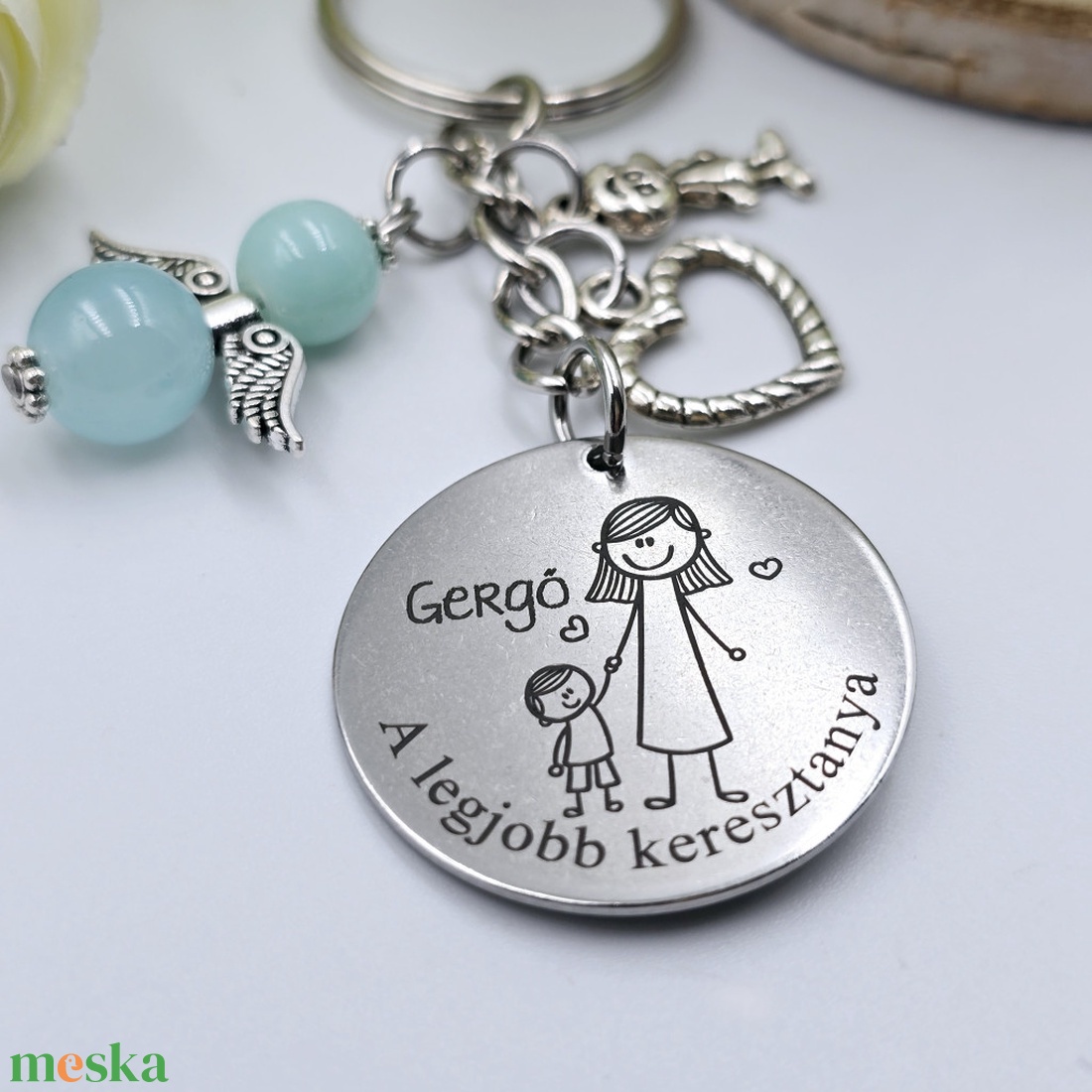 Keresztanyának ajándék - keresztanya kulcstartó grafikával, egyedi névvel, felirattal (kisfiús) - táska & tok - kulcstartó & táskadísz - kulcstartó - Meska.hu
