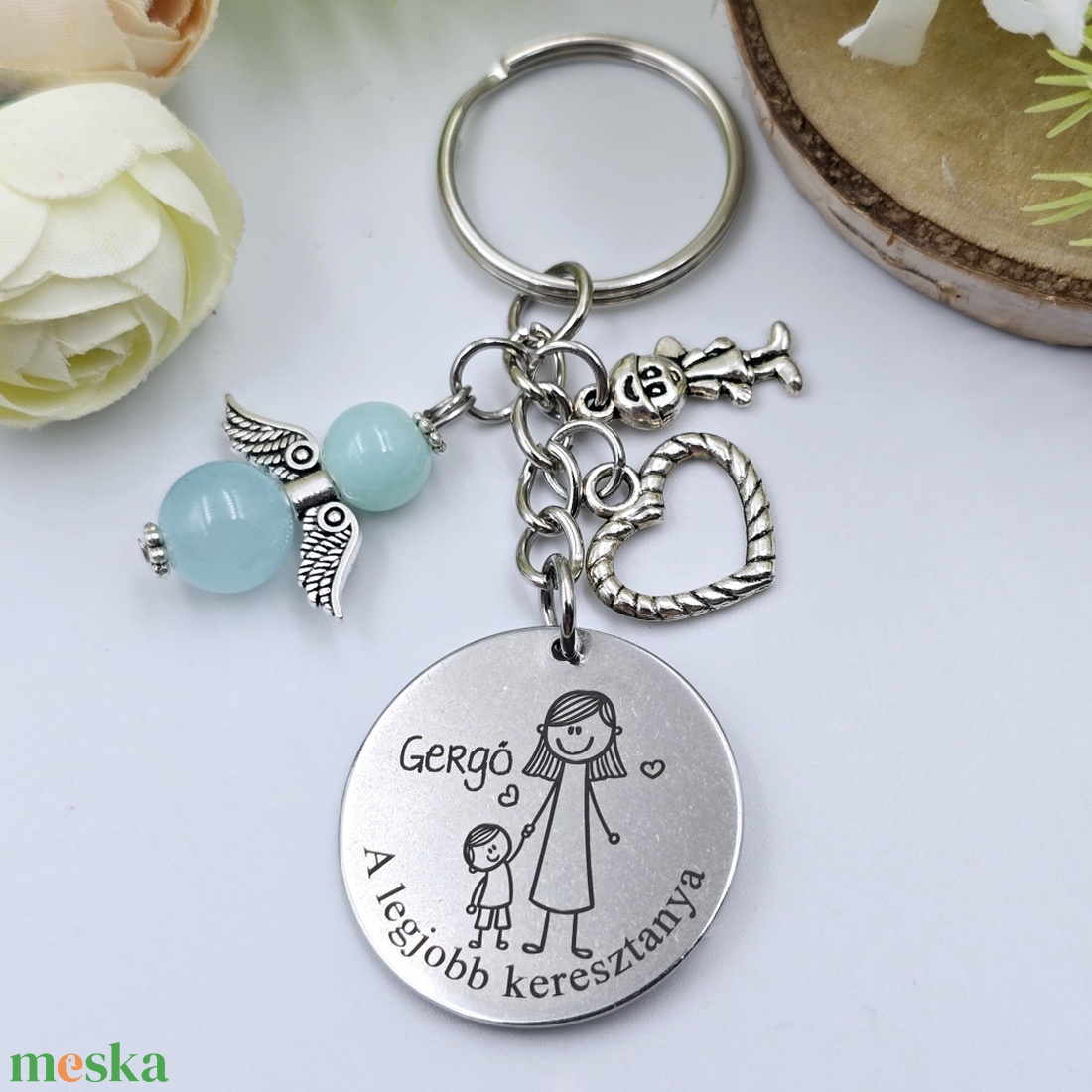 Keresztanyának ajándék - keresztanya kulcstartó grafikával, egyedi névvel, felirattal (kisfiús) - táska & tok - kulcstartó & táskadísz - kulcstartó - Meska.hu