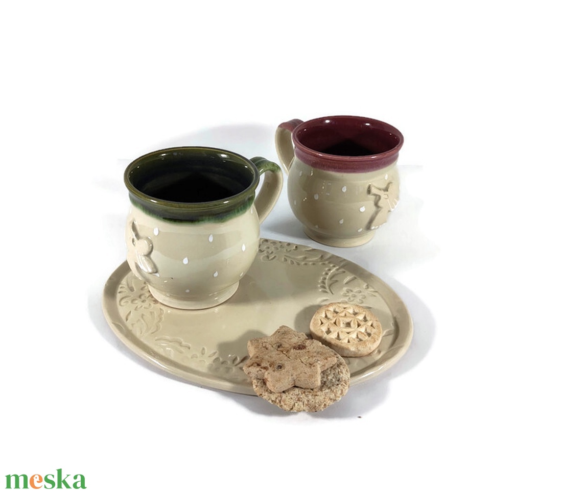 Angyal-mintás bögre pár, kávéhoz tálcán, süti kínálóval - otthon & életmód - konyhafelszerelés, tálalás - tálalás - bögre & csésze - Meska.hu
