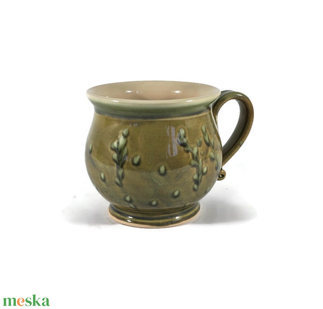 Krémfehér-olivazöld leveles teás bögre  - otthon & életmód - konyhafelszerelés, tálalás - tálalás - bögre & csésze - Meska.hu