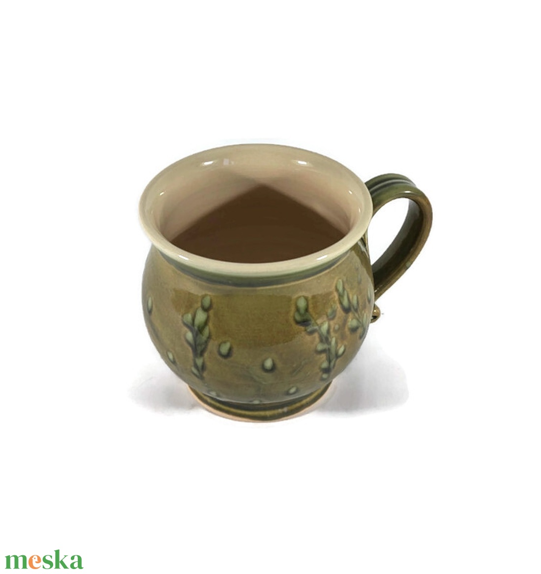 Krémfehér-olivazöld leveles teás bögre  - otthon & életmód - konyhafelszerelés, tálalás - tálalás - bögre & csésze - Meska.hu