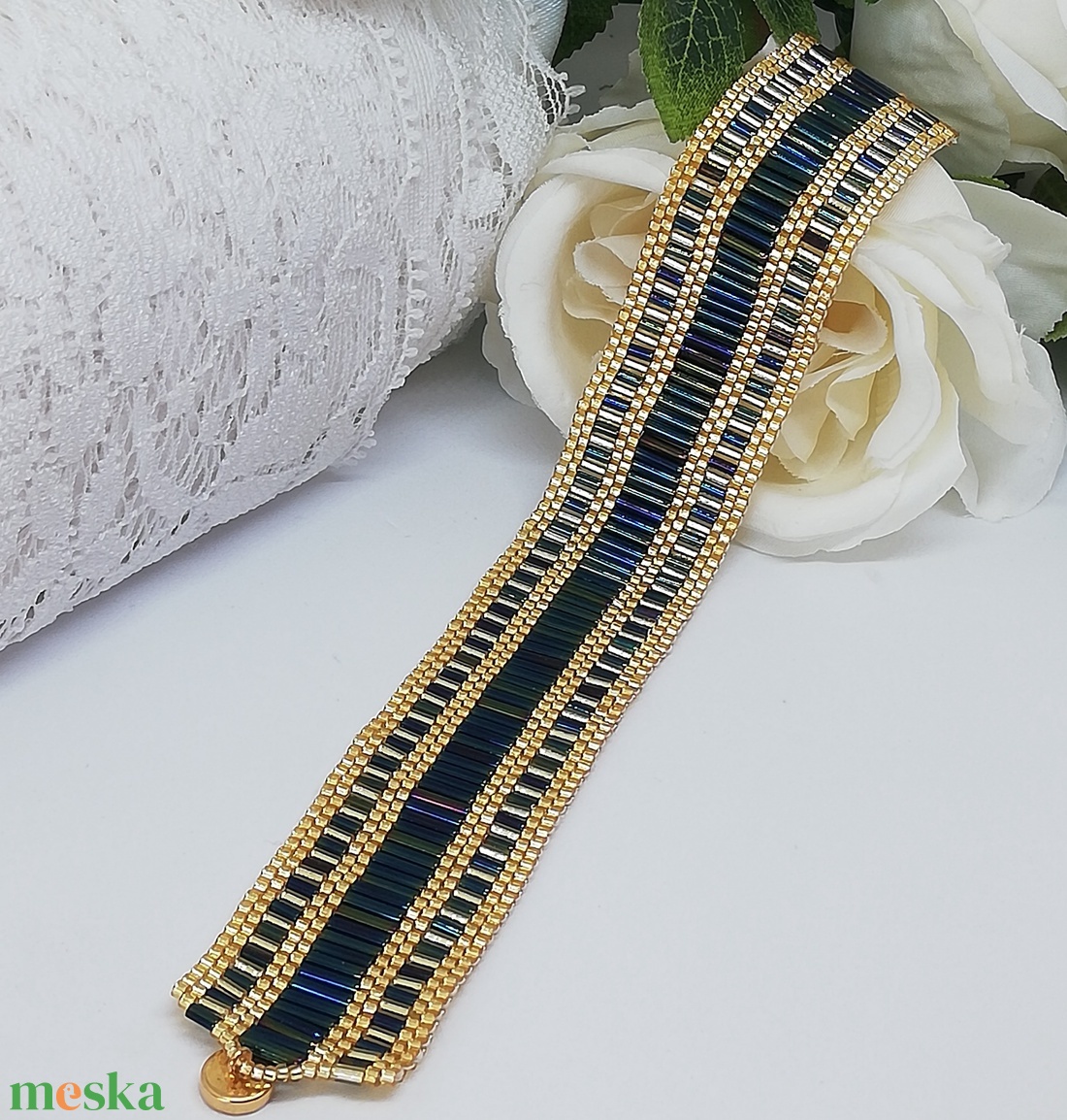 Art deco stílusú fűzött peyote karkötő  - ékszer - karkötő - széles karkötő - Meska.hu
