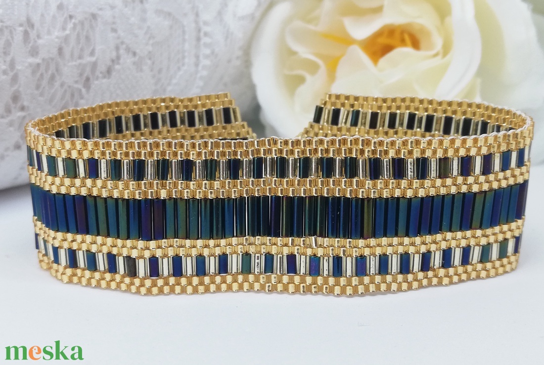 Art deco stílusú fűzött peyote karkötő  - ékszer - karkötő - széles karkötő - Meska.hu