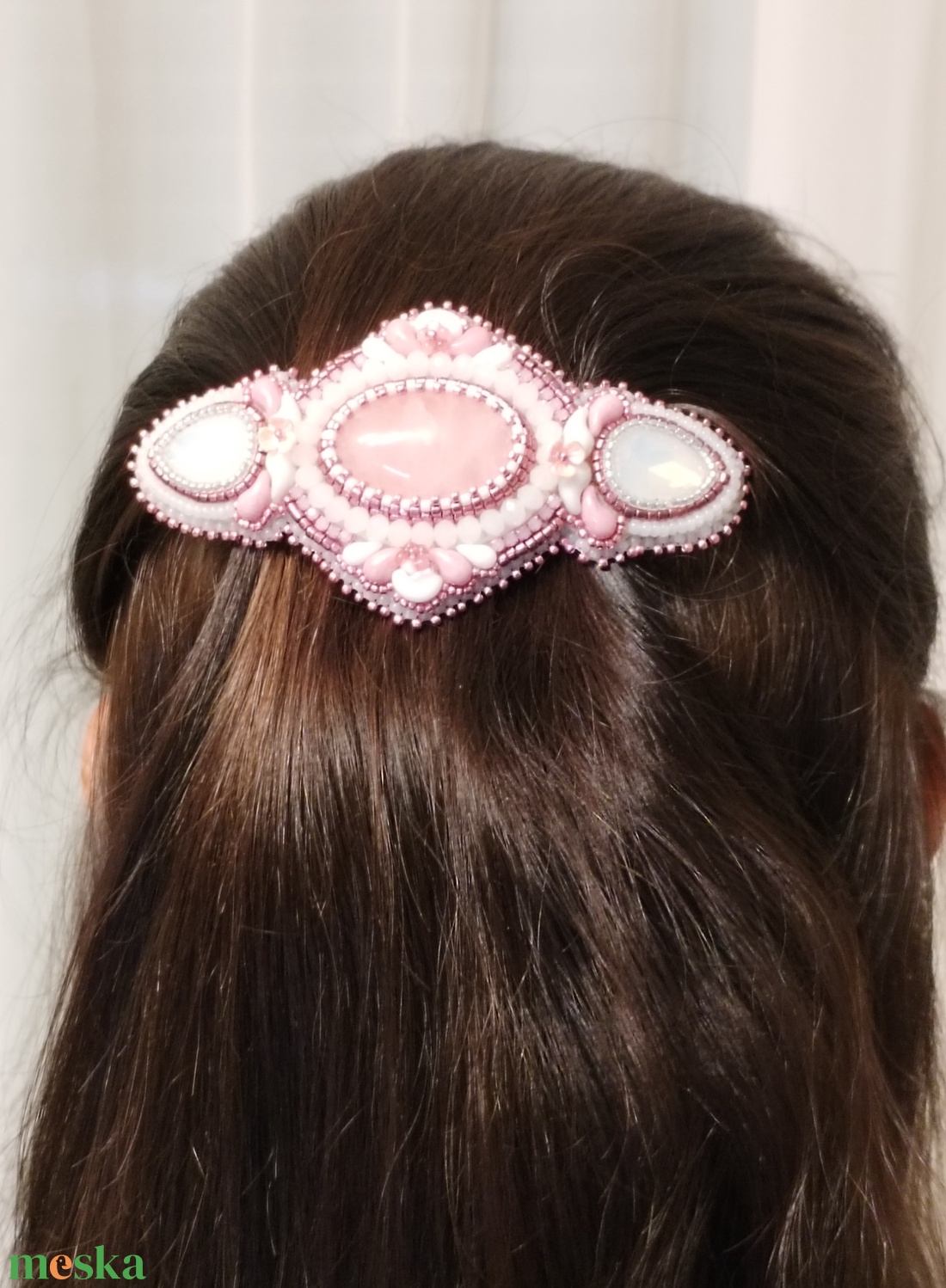 Rózsakvarc hímzett francia csat - ruha & divat - hajdísz & hajcsat - hajcsat & hajtű - Meska.hu