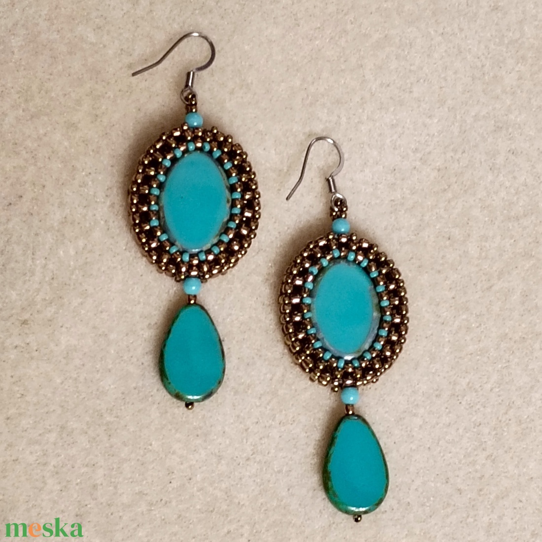 Bronz-türkiz fülbevaló  - ékszer - fülbevaló - lógó fülbevaló - Meska.hu