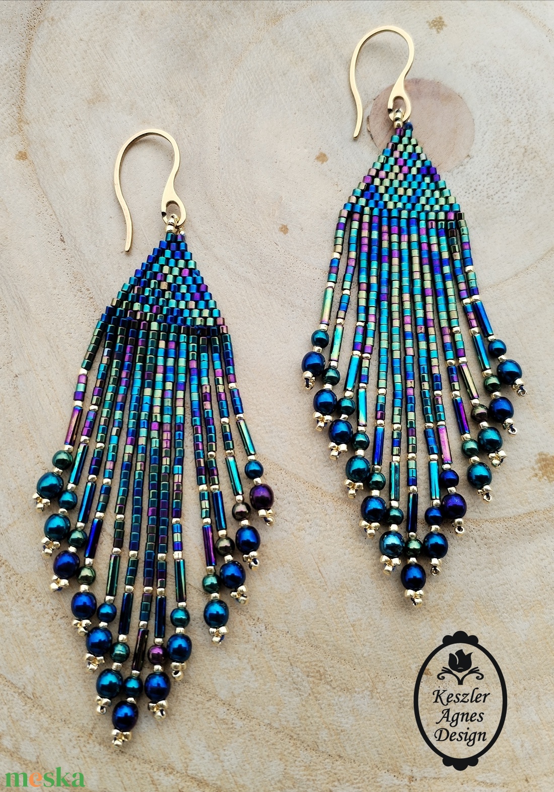 Irizáló kék - arany tojtos fülbevaló  - ékszer - fülbevaló - lógó fülbevaló - Meska.hu