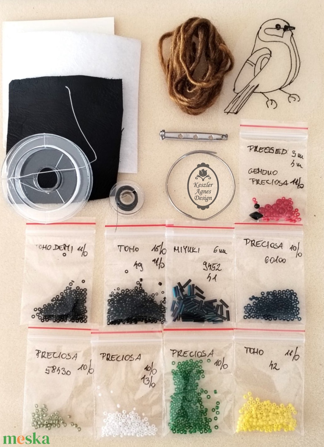 DIY - KIT - gyöngyfűző csomag - Gyöngyhímzett cinke bross  - diy (csináld magad) - egységcsomag - Meska.hu