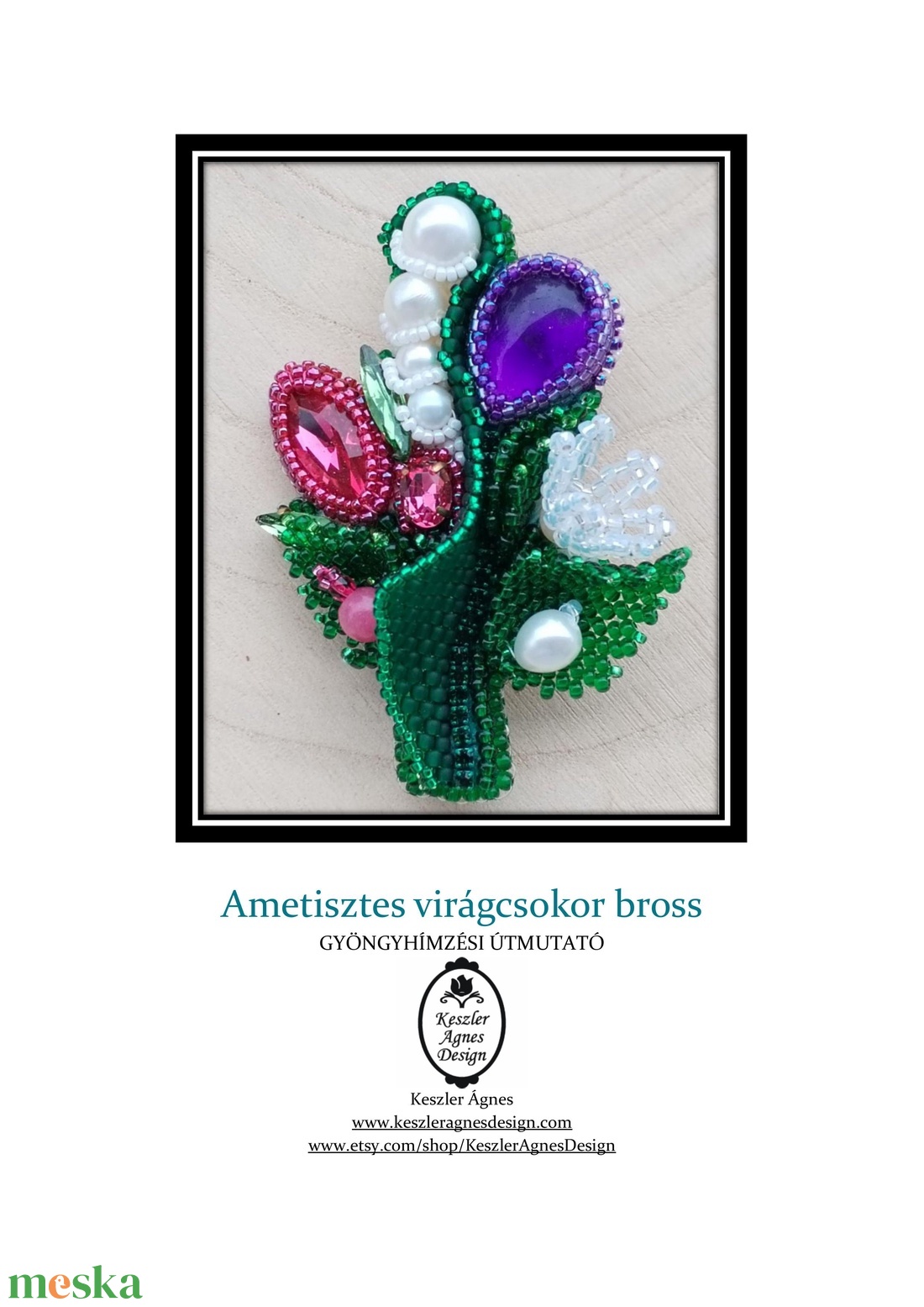 Virágcsokor bross gyöngyhímzési útmutató, ametisztes és kristályos hímzett bross PDF leírás - diy (csináld magad) - fűzésminták - Meska.hu