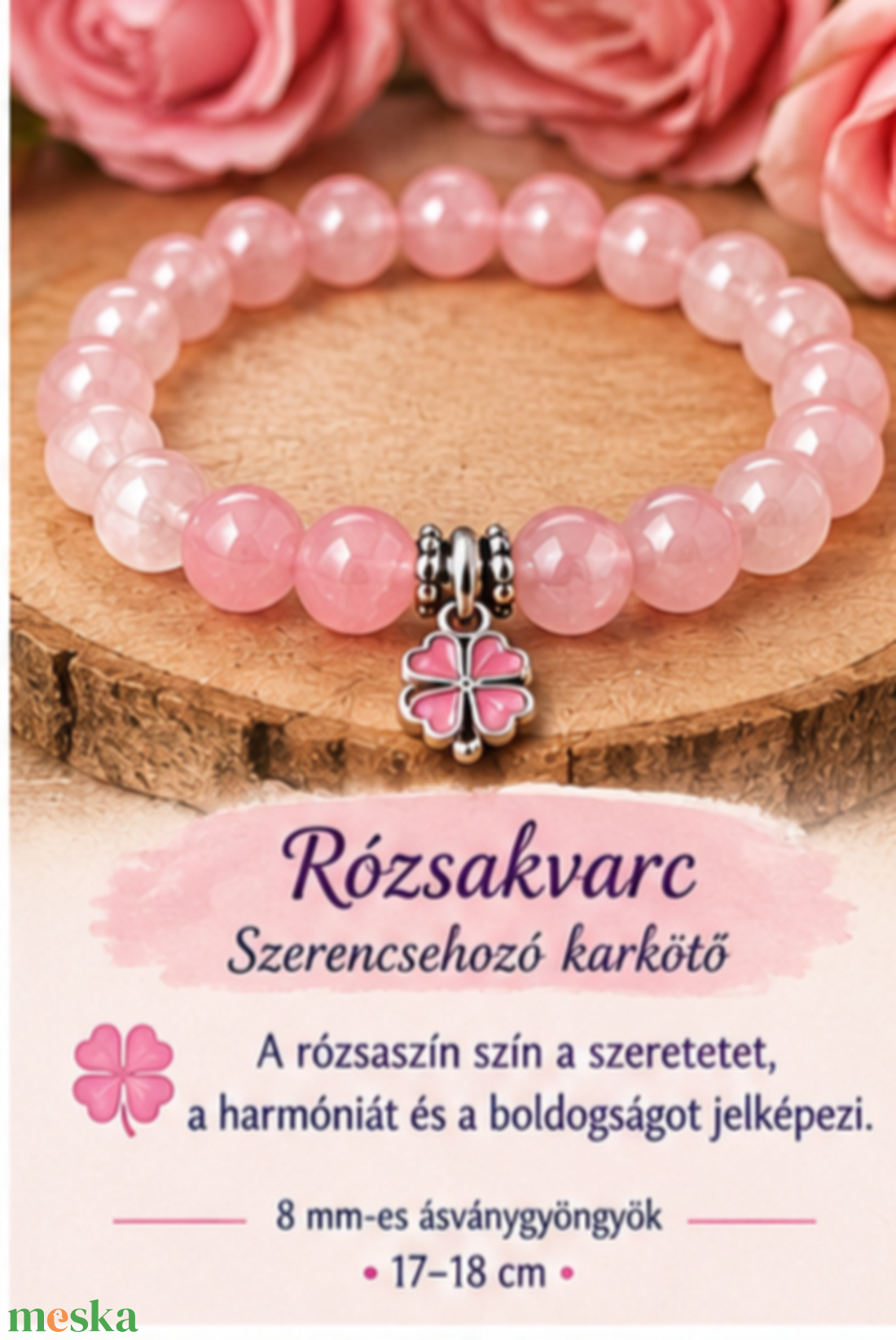 . Szerencsés szív � Rózsakvarc - ékszer - karkötő - ásványkarkötő - Meska.hu
