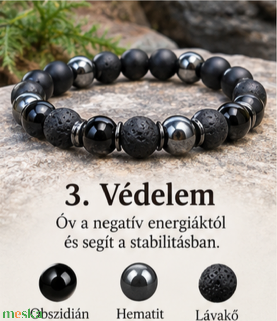 VÉDELEM �  Obszidián � Hematit � Lávakő - ékszer - karkötő - ásványkarkötő - Meska.hu