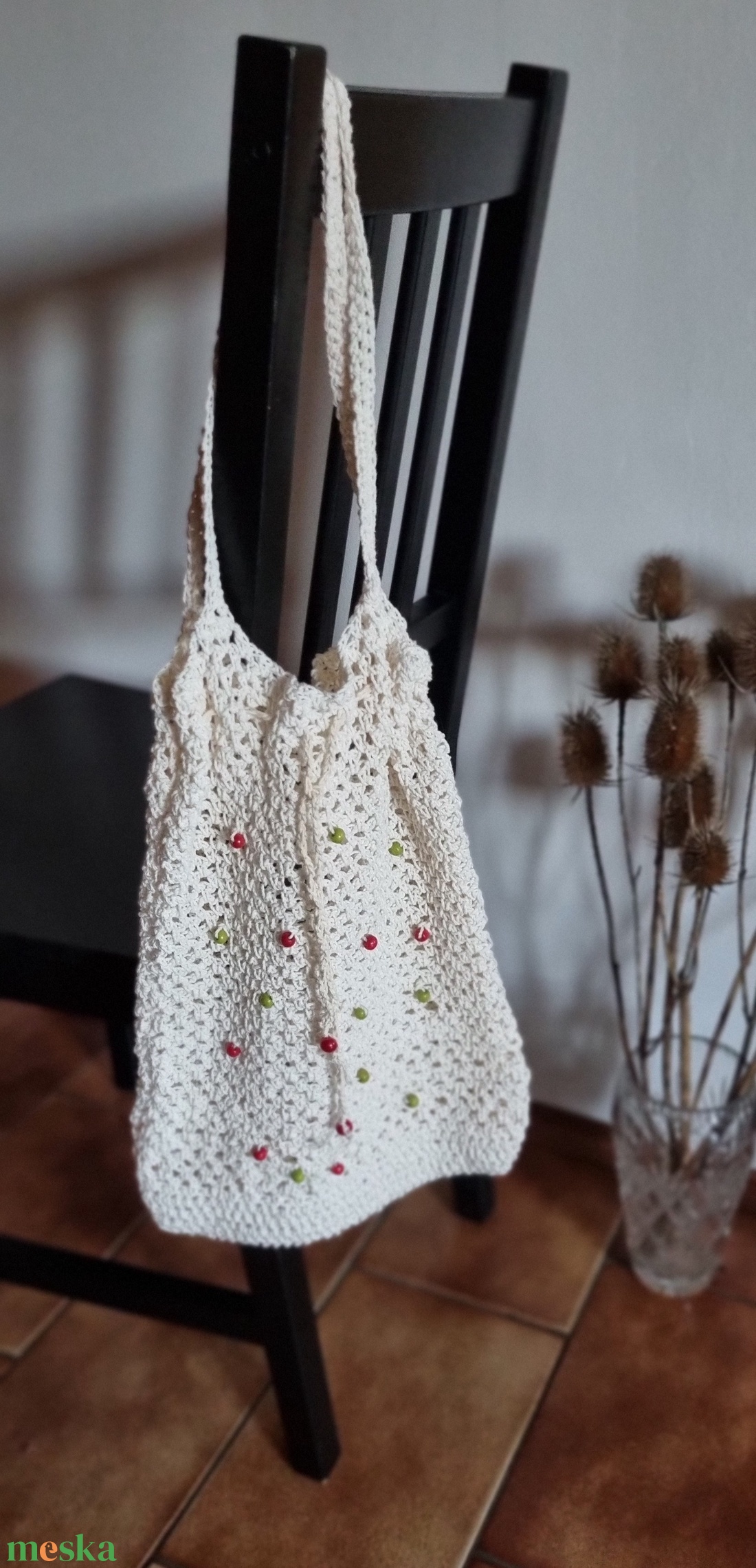 Egyedi horgolt válltáska színes gyöngyökkel - natúr elegancia - táska & tok - bevásárlás & shopper táska - shopper, textiltáska, szatyor - Meska.hu