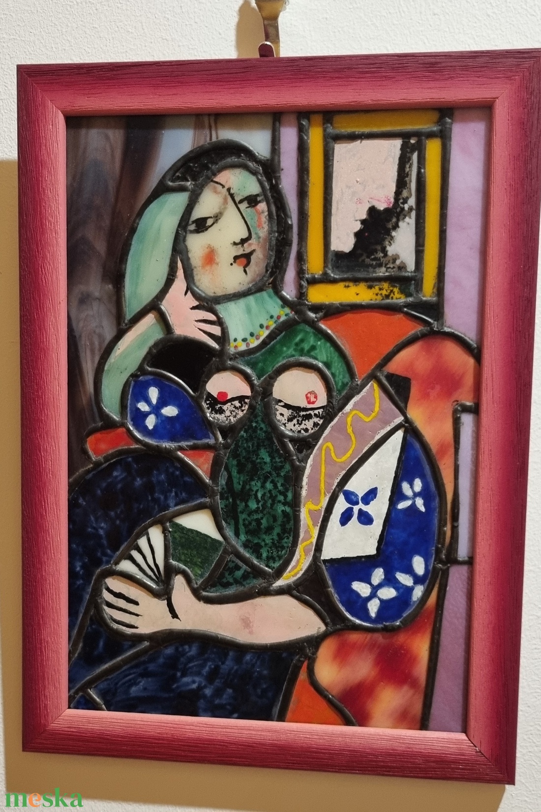 Egyedi Tiffany stílusú üvegkép - Picasso :  Nő könyvvel replika - művészet - festmény - üvegfestmény - Meska.hu