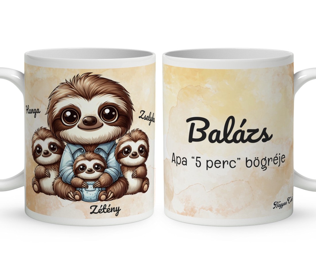 Névvel kérhető - Cuki lajhár Apa és három kis lajhár mintás bögre - otthon & életmód - konyhafelszerelés, tálalás - tálalás - bögre & csésze - Meska.hu