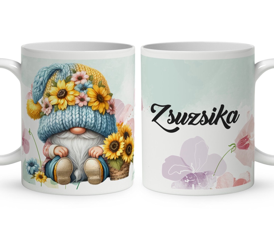 Névvel kérhető - Napraforgós manó kosárral mintás bögre - otthon & életmód - konyhafelszerelés, tálalás - tálalás - bögre & csésze - Meska.hu