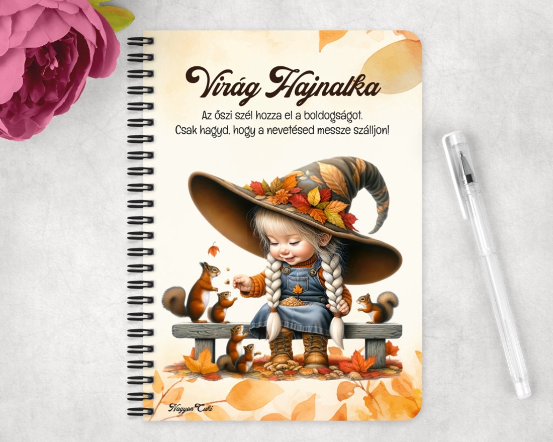 Személyre szabható - Őszi manó lány és a mókusok mintás A5-ös füzet - otthon & életmód - papír, írószer - jegyzetfüzet & napló - Meska.hu