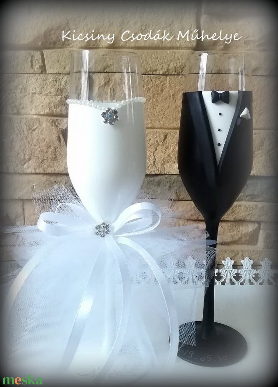 Fehér tüll esküvői pohár pár - esküvő - dekoráció - asztaldísz - Meska.hu