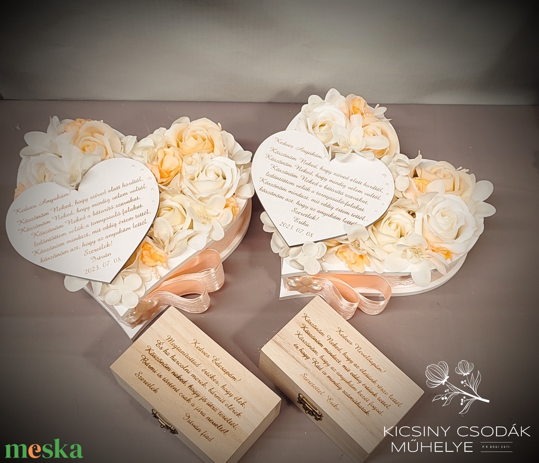 Szülőköszöntő esküvőre � virágos szív díszdoboz, egyedi felirattal örömszülőknek, nagyszülőknek, Köszönő ajándék - esküvő - emlék & ajándék - szülőköszöntő ajándék - Meska.hu