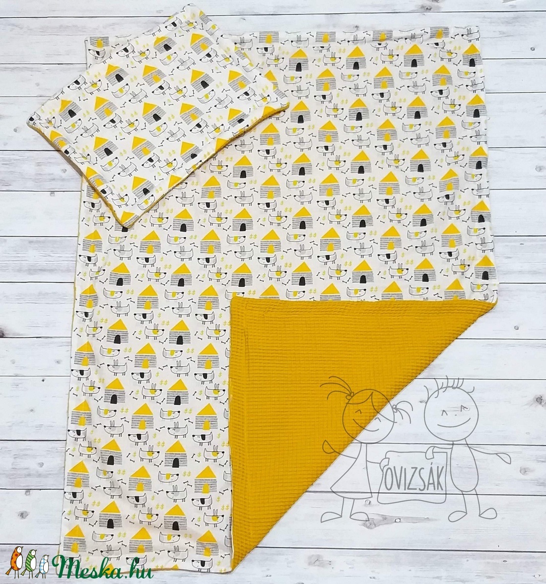 Sárga kutya mintás nyári babaágynemű darázsszövettel - takaró és lapos kispárna szett -  - Meska.hu