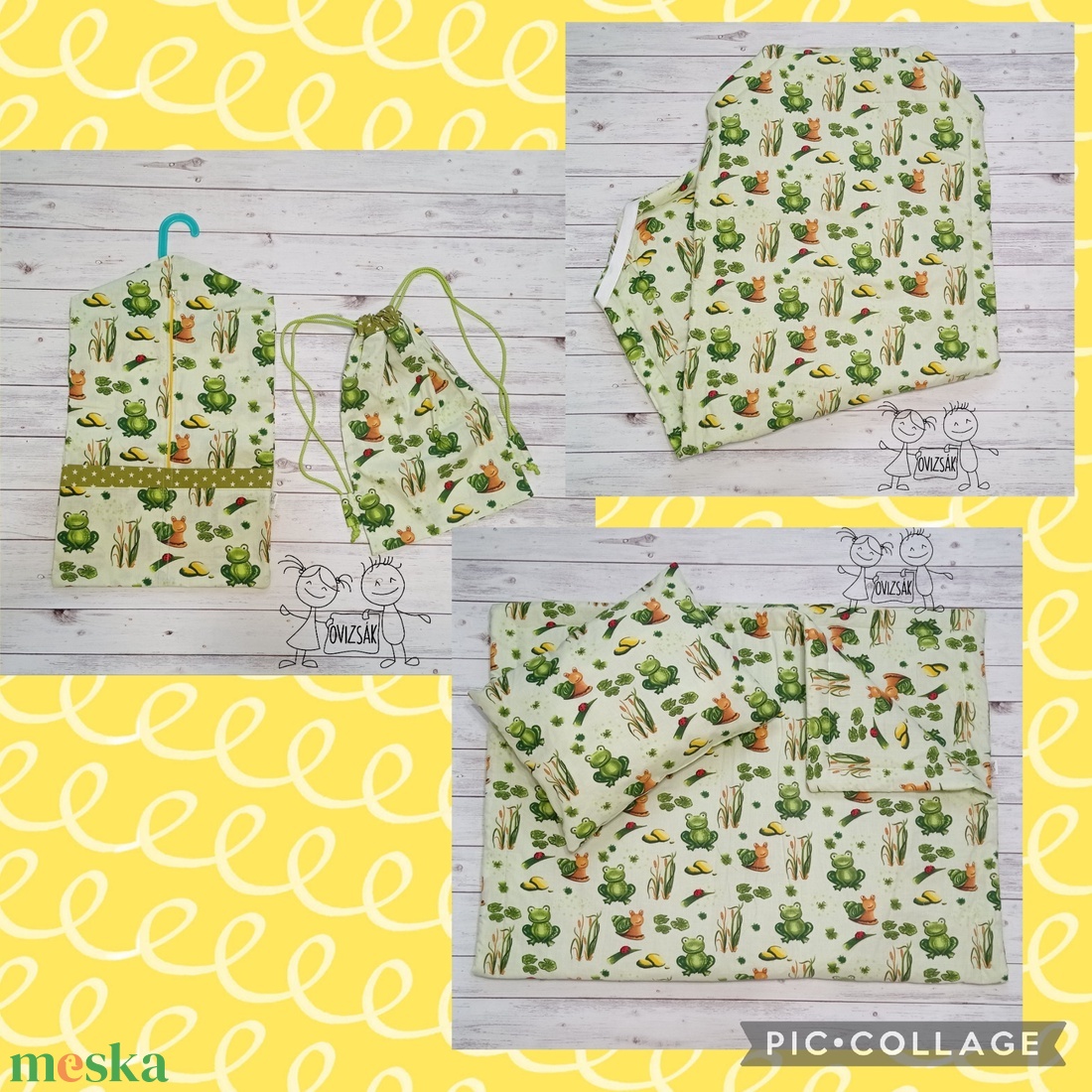 Békás csigás ovis vagy kisgyermek ágynemű szett + ovizsák tornazsák szett + derékalj  - játék & sport - ovis felszerelés - ovis szett - Meska.hu