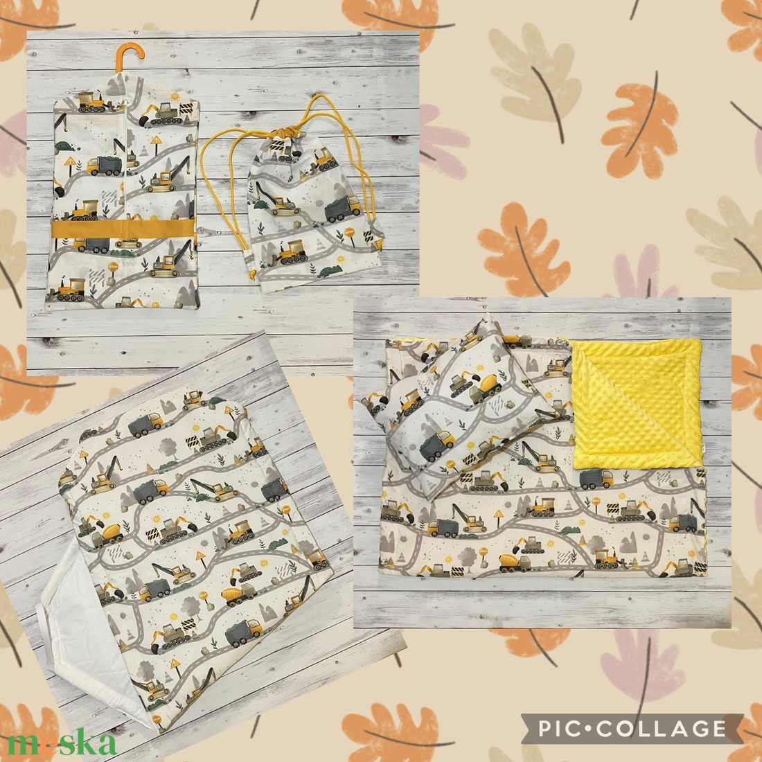 Munkagép / markoló mintás ovis vagy kisgyermek ágynemű szett (minkys) + ovizsák tornazsák szett + derékalj - játék & sport - ovis felszerelés - ovis szett - Meska.hu