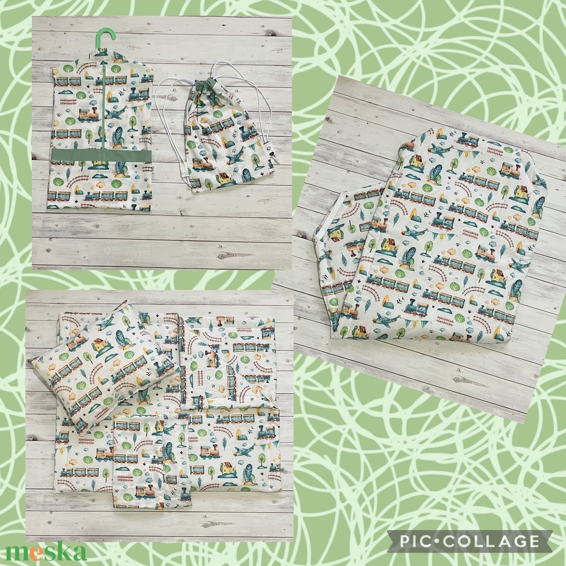 Vonatos ovis vagy kisgyermek ágynemű szett + ovizsák tornazsák szett + derékalj  - játék & sport - ovis felszerelés - ovis szett - Meska.hu