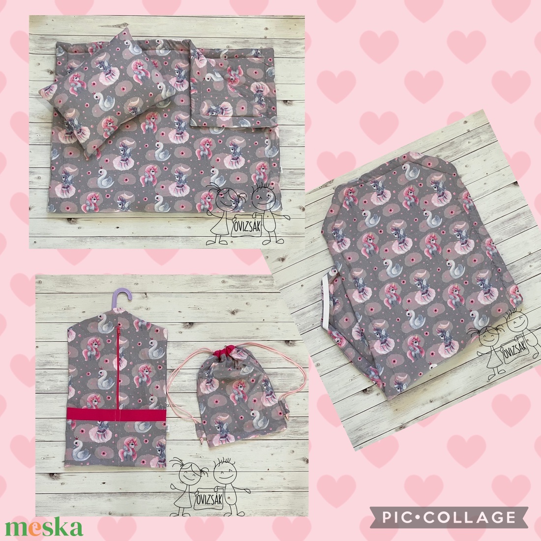 Unikornis és hattyú mintás ovis vagy kisgyermek ágynemű + ovizsák tornazsák szett + derékalj - játék & sport - ovis felszerelés - ovis szett - Meska.hu