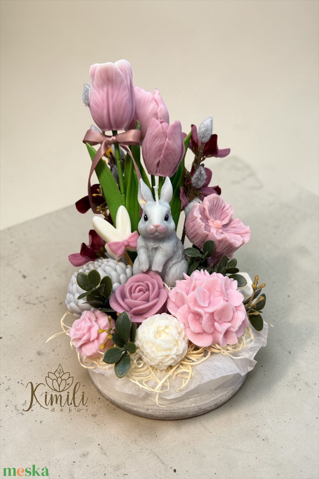 Szürke nyuszis tavaszi/húsvéti asztaldísz - ünnepi díszek, dekorációk - húsvéti díszek és dekorációk - húsvéti asztaldíszek - Meska.hu