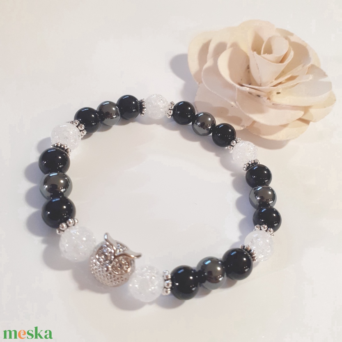 Baglyos ónix,hematit és hegyikristály ásvány karkötő - ékszer - karkötő - gyöngyös karkötő - Meska.hu
