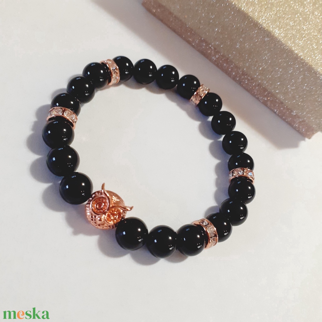 Baglyos ónix ásvány karkötő - ékszer - karkötő - gyöngyös karkötő - Meska.hu