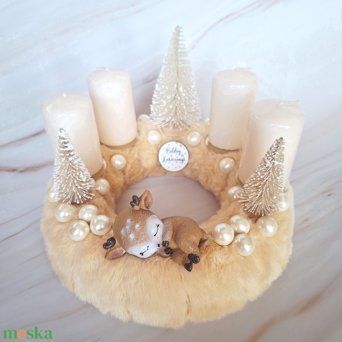 Alvó őzikés adventi koszorú-krém - karácsony - adventi díszek - adventi asztaldísz - Meska.hu