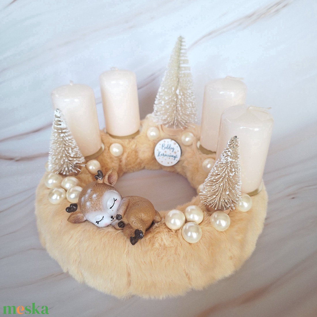Alvó őzikés adventi koszorú-krém - karácsony - adventi díszek - adventi asztaldísz - Meska.hu