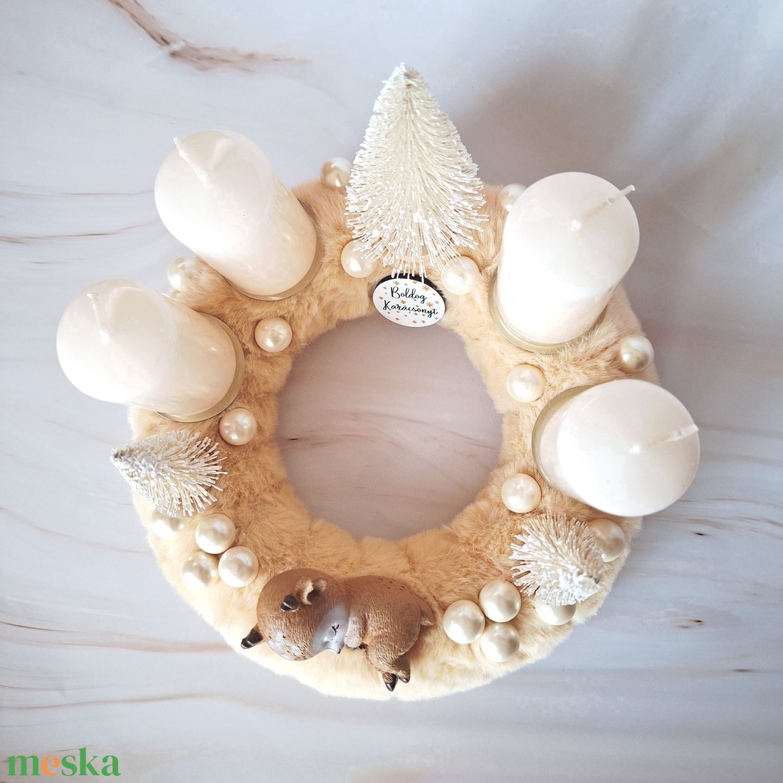 Alvó őzikés adventi koszorú-krém - karácsony - adventi díszek - adventi asztaldísz - Meska.hu