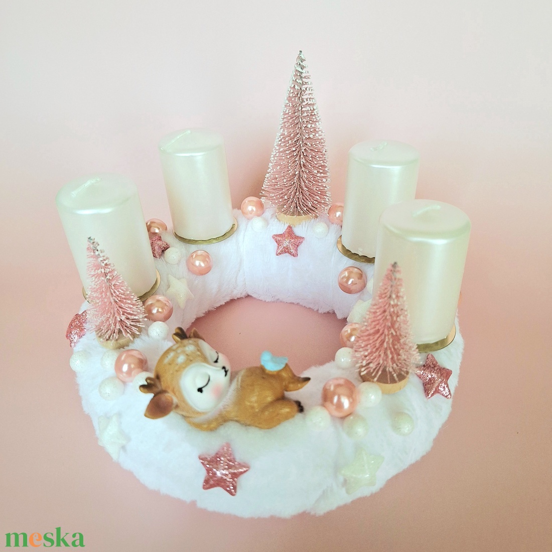 Alvó őzikés adventi koszorú-rózsaszín - karácsony - adventi díszek - adventi asztaldísz - Meska.hu