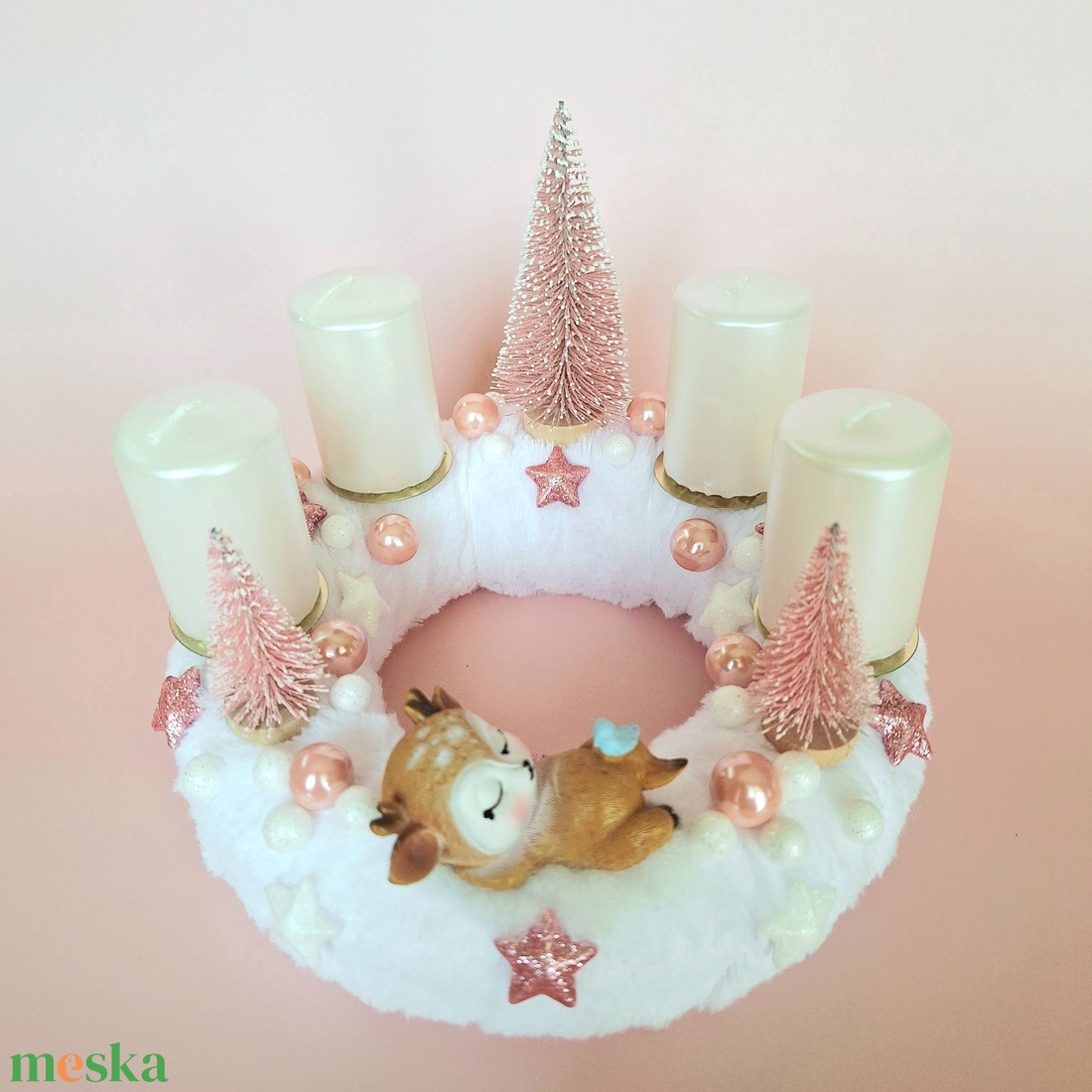 Alvó őzikés adventi koszorú-rózsaszín - karácsony - adventi díszek - adventi asztaldísz - Meska.hu