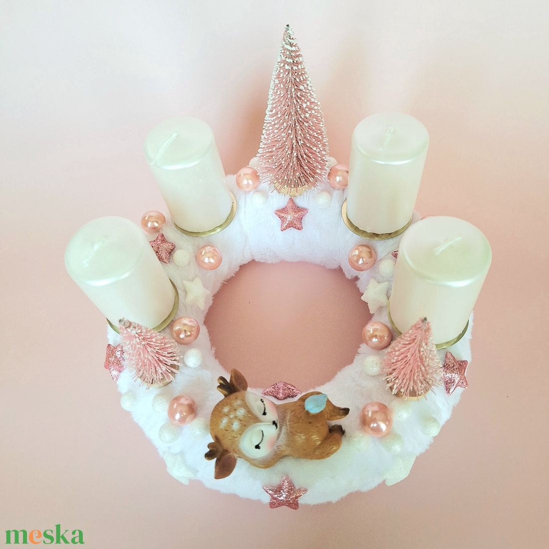 Alvó őzikés adventi koszorú-rózsaszín - karácsony - adventi díszek - adventi asztaldísz - Meska.hu
