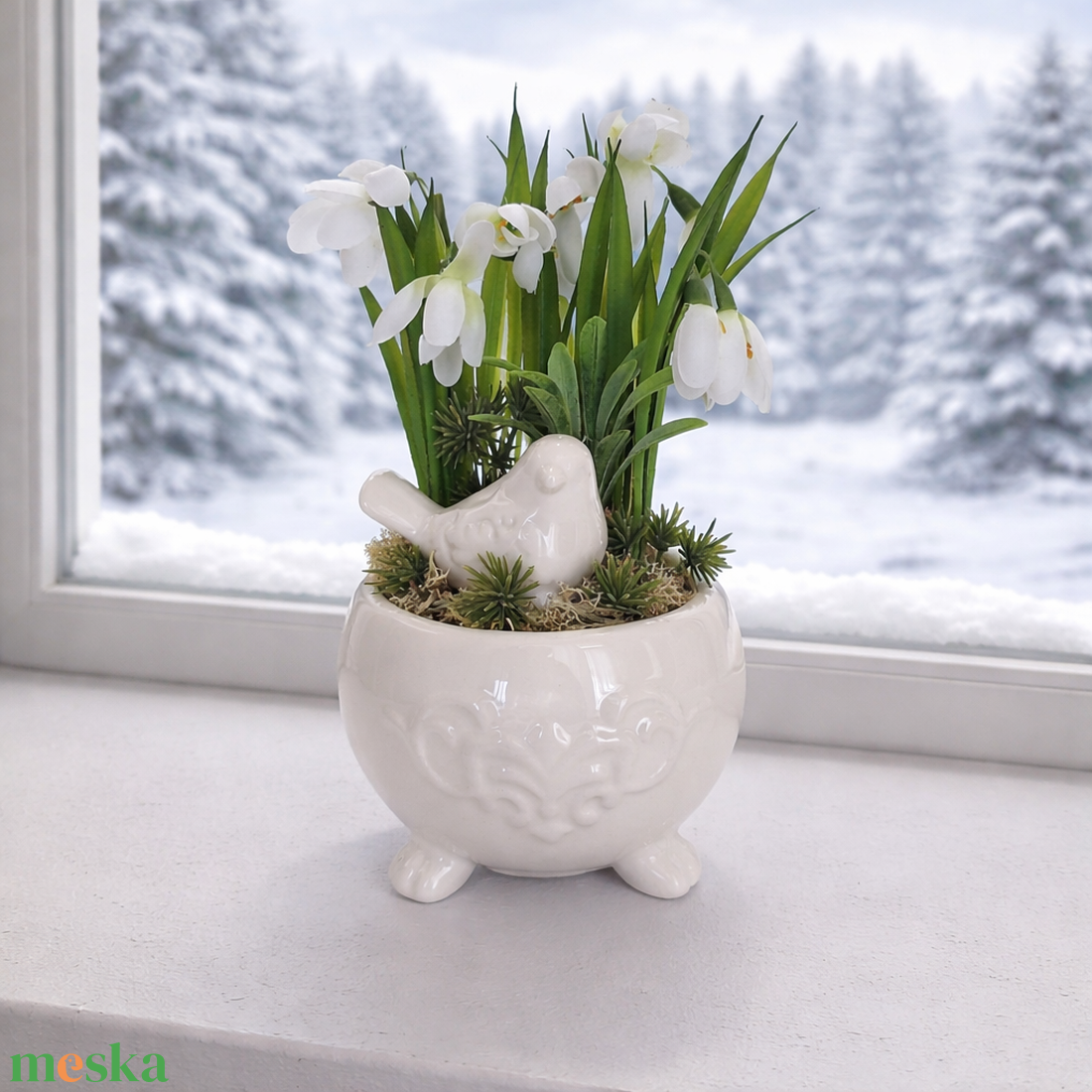 Madárkás dekoráció hóvirágokkal - otthon & életmód - dekoráció - asztal és polc dekoráció - asztaldísz - Meska.hu