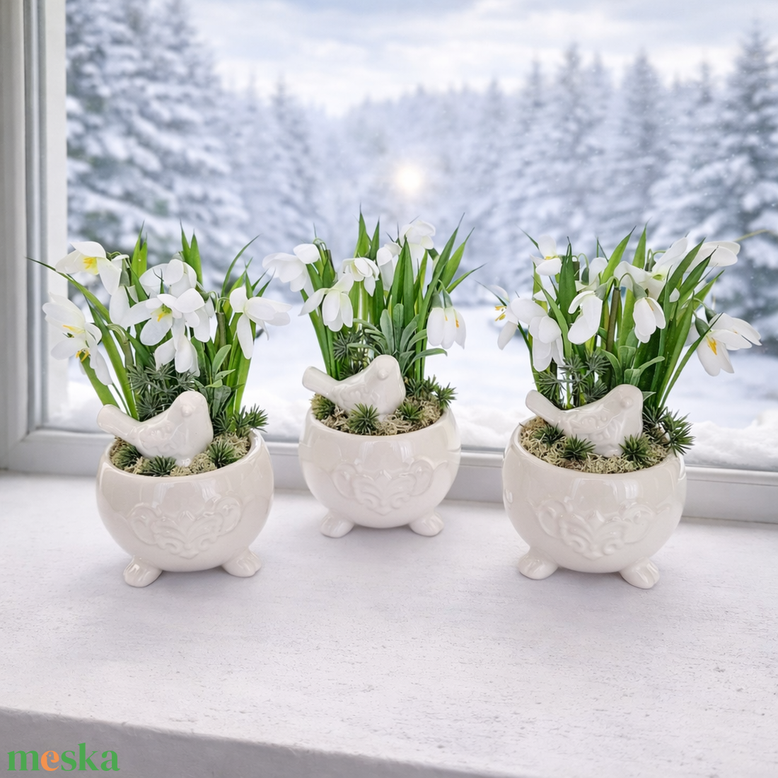 Madárkás dekoráció hóvirágokkal - otthon & életmód - dekoráció - asztal és polc dekoráció - asztaldísz - Meska.hu