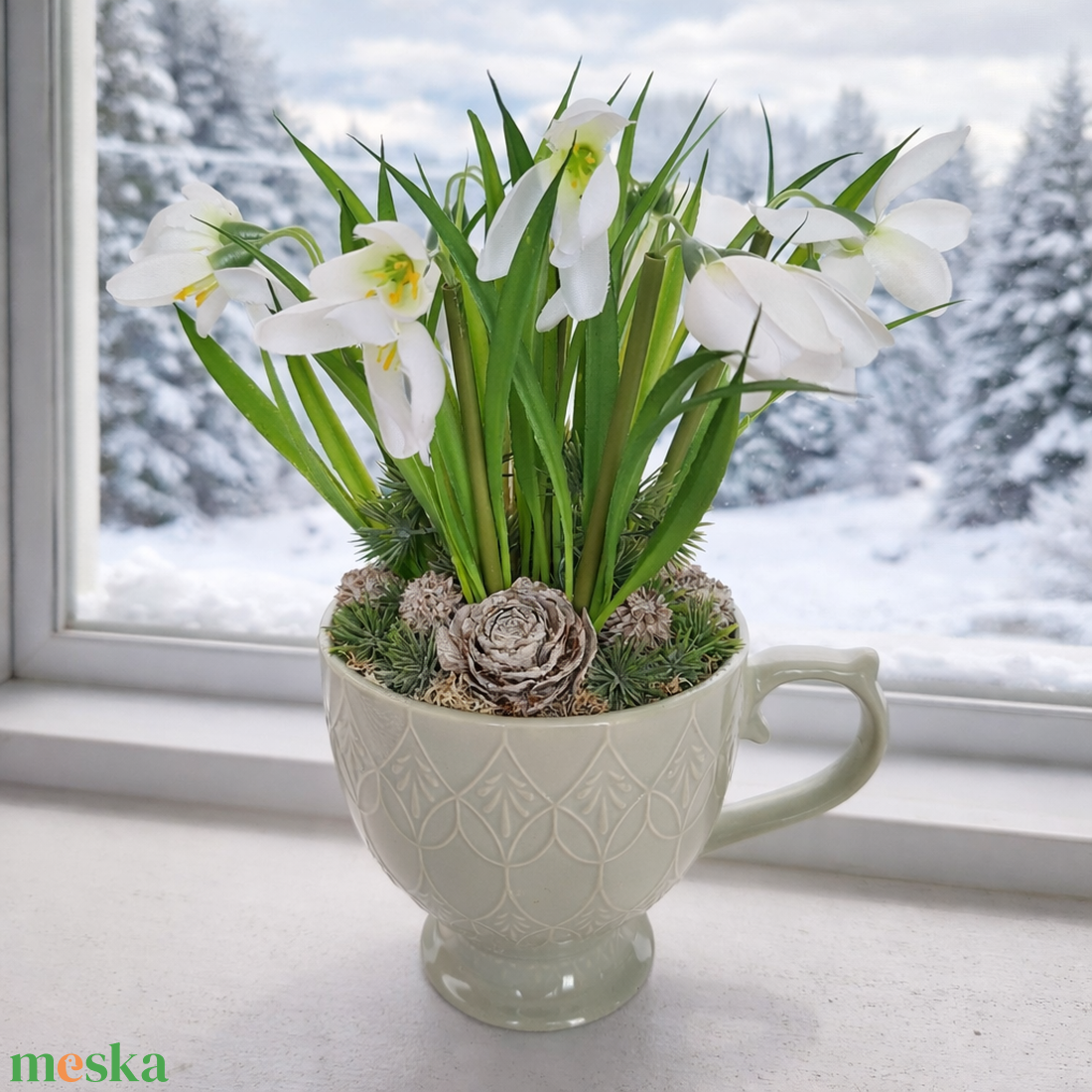 Bögrés dekoráció hóvirágokkal - otthon & életmód - dekoráció - asztal és polc dekoráció - asztaldísz - Meska.hu