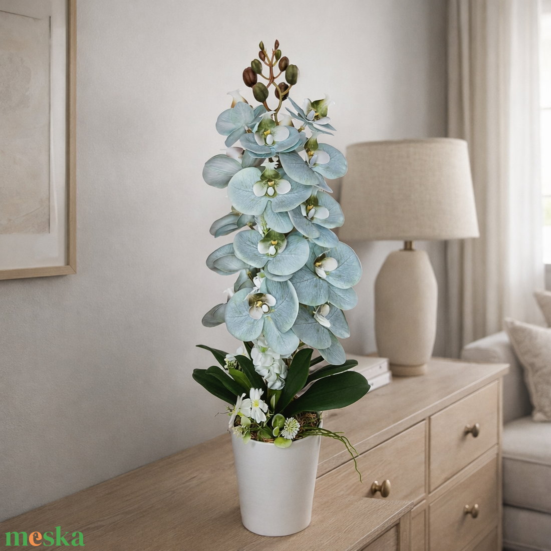 Orchidea dekoráció kerámia kaspóban-menta - otthon & életmód - virágdekoráció - virágdíszek - virágdísz kaspóban - Meska.hu