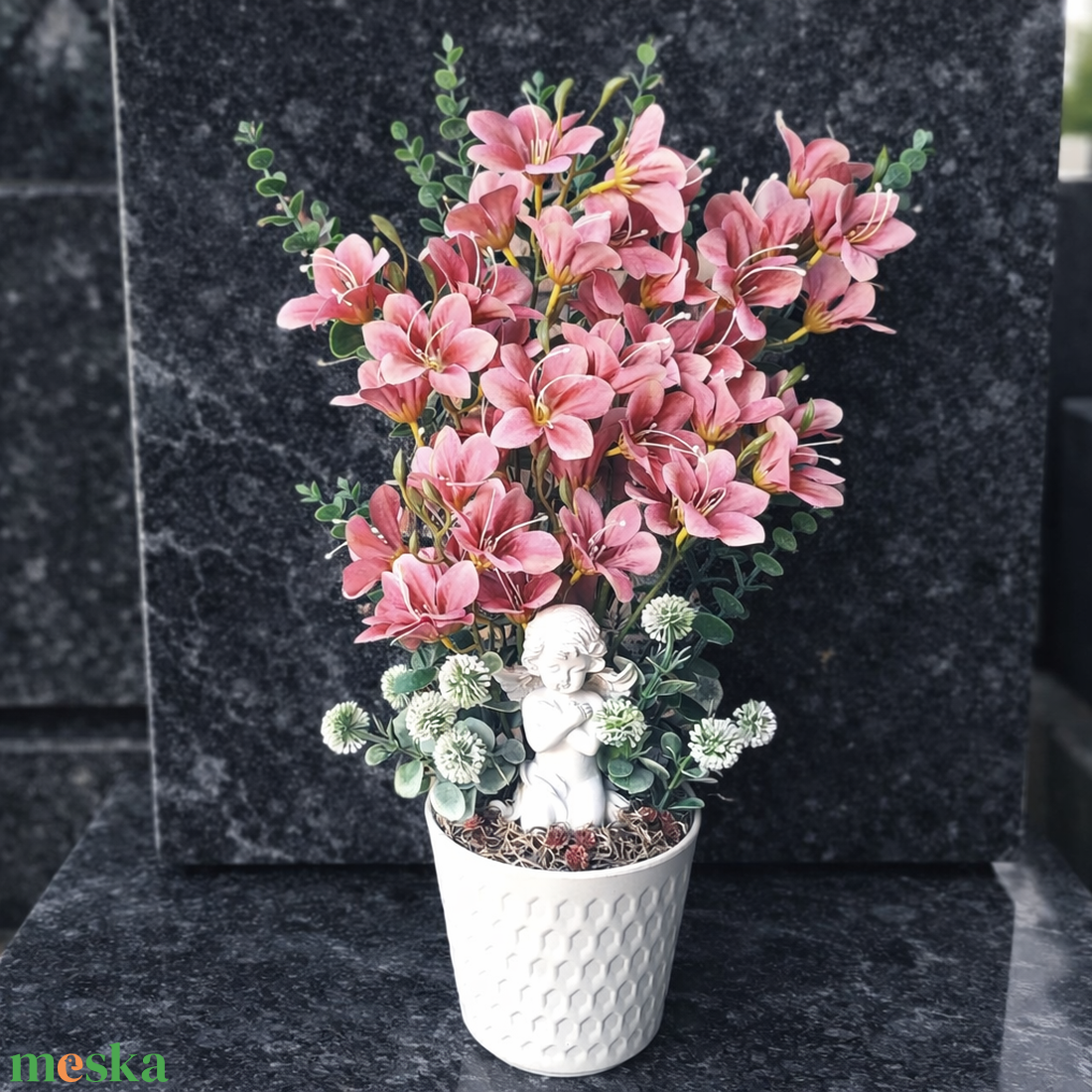 Virágos sírdísz angyalkával - otthon & életmód - vallás - temetkezési tárgy - sírcsokor, virág dekoráció - Meska.hu