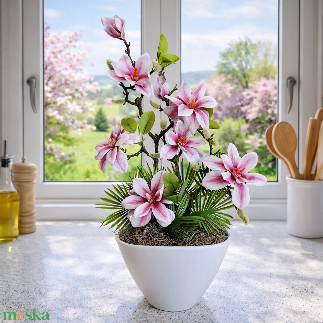  Magnóliás dekoráció kerámia kaspóban - otthon & életmód - virágdekoráció - virágdíszek - virágdísz kaspóban - Meska.hu